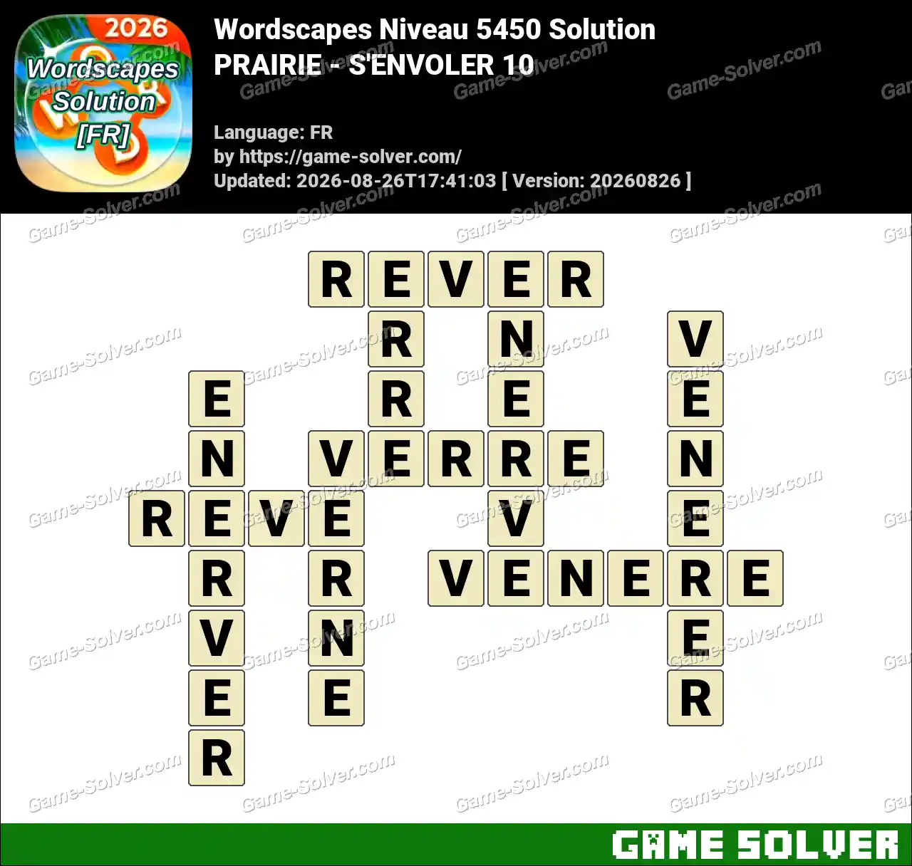 Wordscapes Français Niveau 5450 Solution — PRAIRIE – S’ENVOLER 10